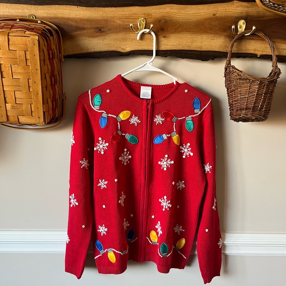 Vintage 90s Y2K Avon Christmas Lights Sweater Cardigan Small S